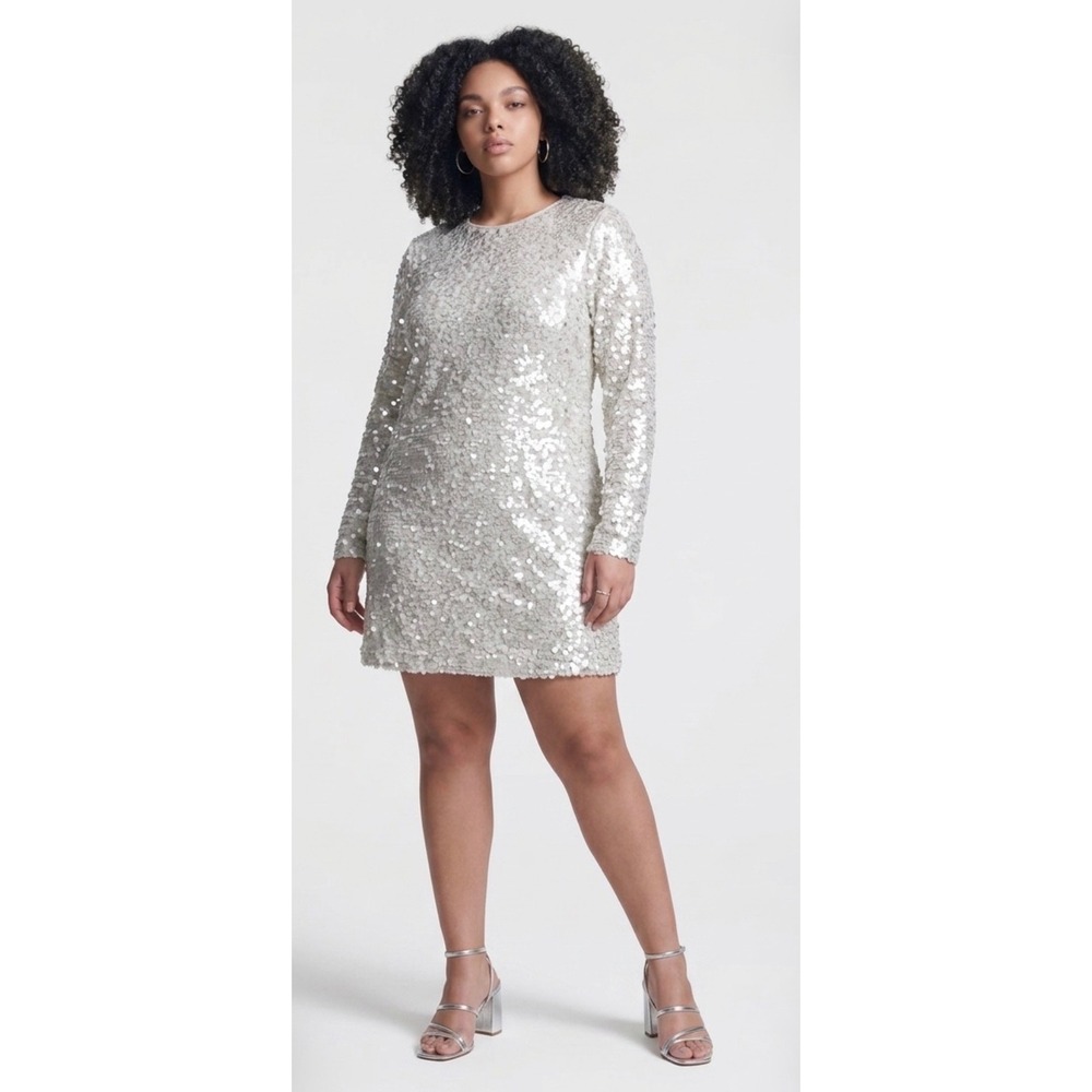 Future Collective Sequin Dress Women Medium Silver Good Long Sleeve Mini Sparkle